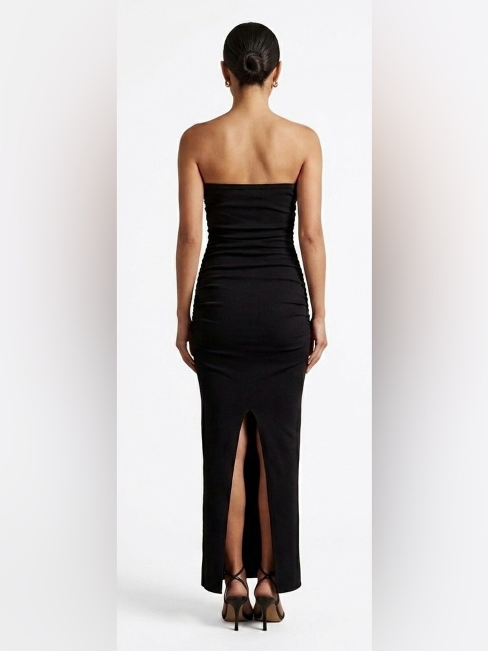 DISSH Black Strapless Ruched Knit Tube Maxi Bodycon Dress Back/Front Slit XS